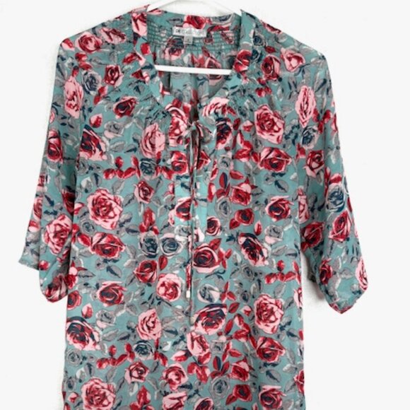DE Collection Smocked-Yoke Blouse with Rose Print - Picture 1 of 9